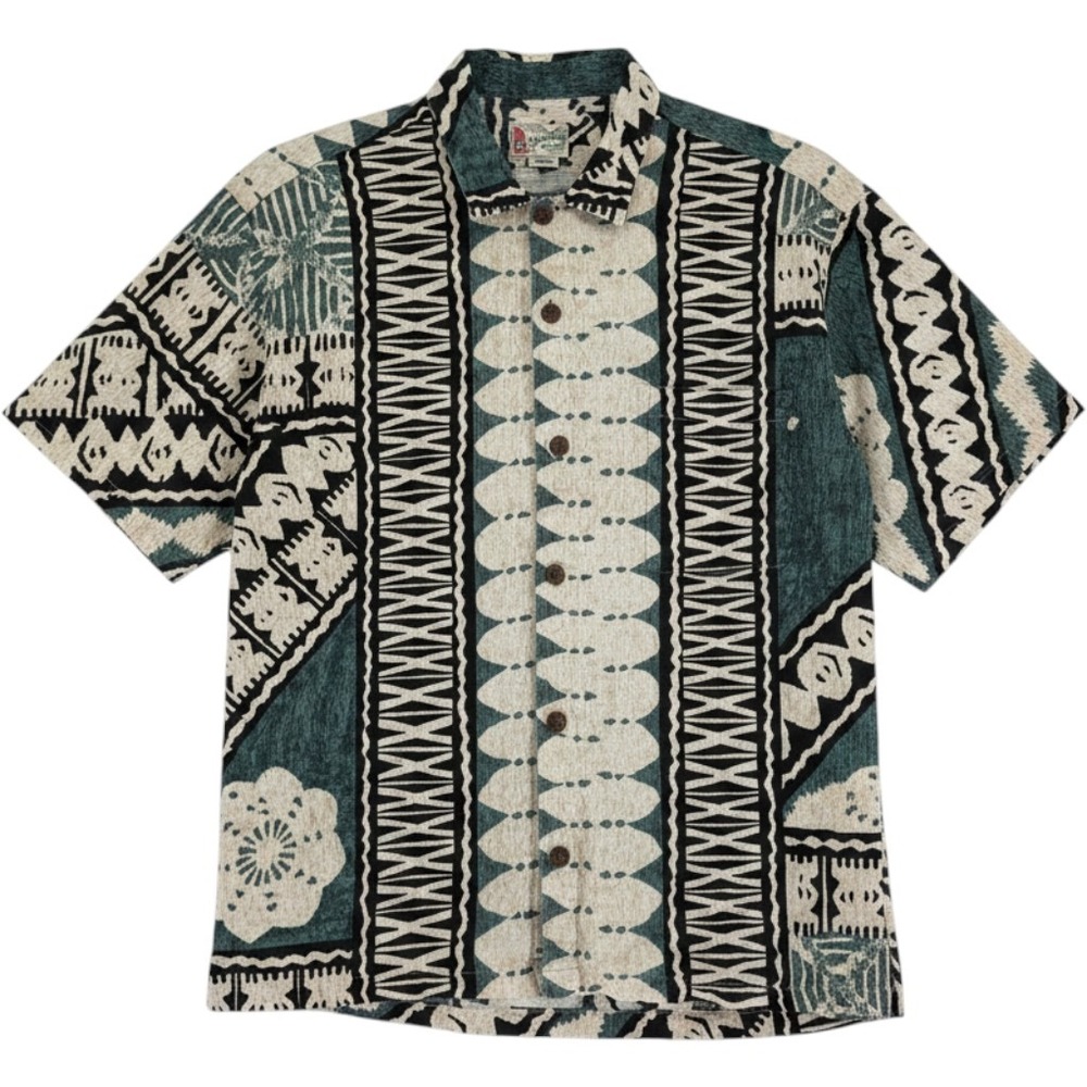 Vintage Hilo Hattie Hawaiian Shirt Men's L Tribal Tapa Green Tiki EUC